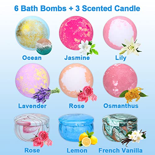 Aottom 6 Piezas Bombas de Baño y 3 Velas Aromaticas Perfumadas Set de Regalo de Bomba de Baño Bath Ball Natural Spa para el Cuidado y la Relajación Regalos para Mujeres Mamá Novia