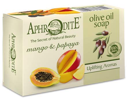 Aphrodite Naturcosmetik - Set de jabón de aceite de oliva de 4 piezas. Jabón natural con fragancias únicas para una piel nutrida - Sin perfume, Argán, Granada, Mango y Papaya (4 x 85g)