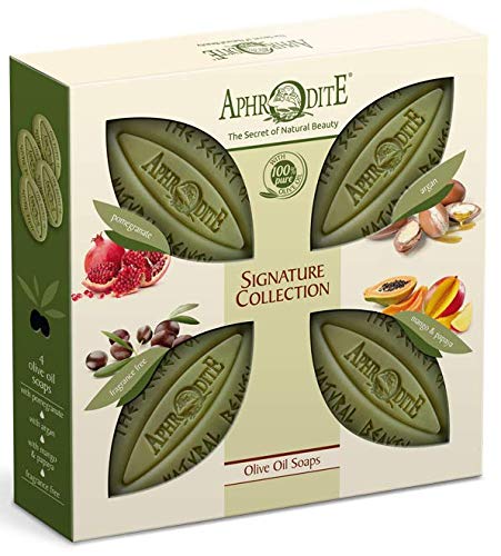 Aphrodite Naturcosmetik - Set de jabón de aceite de oliva de 4 piezas. Jabón natural con fragancias únicas para una piel nutrida - Sin perfume, Argán, Granada, Mango y Papaya (4 x 85g)