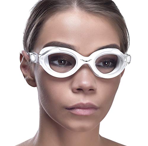 AqtivAqua Gafas de natación de Amplio Rango de visión SX // Entrenamientos de natación - Mar Abierto // Línea para Interiores - Exteriores (Gafas Blancas + Estuche Plateado)