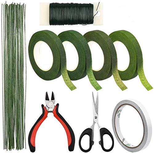 Arreglos Florales Kit, 4 Rollos Cinta Floral Adhesiva, 35m Alambre Floral, 50pcs Alambre Tallo Verde Floral, 10m Cinta Doble Cara con Tijeras, Alicates Corte para Envoltura Tallo Ramo,Floristería Boda