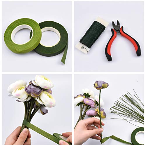 Arreglos Florales Kit, 4 Rollos Cinta Floral Adhesiva, 35m Alambre Floral, 50pcs Alambre Tallo Verde Floral, 10m Cinta Doble Cara con Tijeras, Alicates Corte para Envoltura Tallo Ramo,Floristería Boda