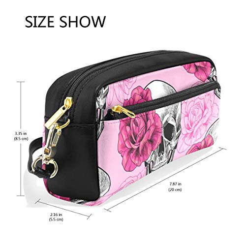 ARRISLIFE Bolso de lápiz con cremallera de cuero PU,Sugar Skull Pink Floral Flower Estuche para bolígrafo Estuche Bolsa de cosméticos de maquillaje for Niño Niños Chicas Colegio Mujer