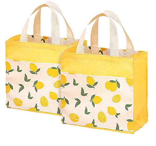 ASFINS Mini Bolsa Tote Tela, 2pzs Bolsa de Lona Mujer Bolsa Tote Bolsa de Algodón Reutilizable para Las Compras Salir, 22cm x 22cm (Limón Amarillo)