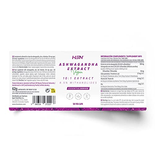 Ashwagandha Extracto 10:1 de HSN | 12000mg de Raíz de Withania somnifera por Dosis Diaria 102mg de Withanolides | Adaptógeno Natural | No-GMO, Vegano, Sin Gluten ni Lactosa | 120 Veg Caps