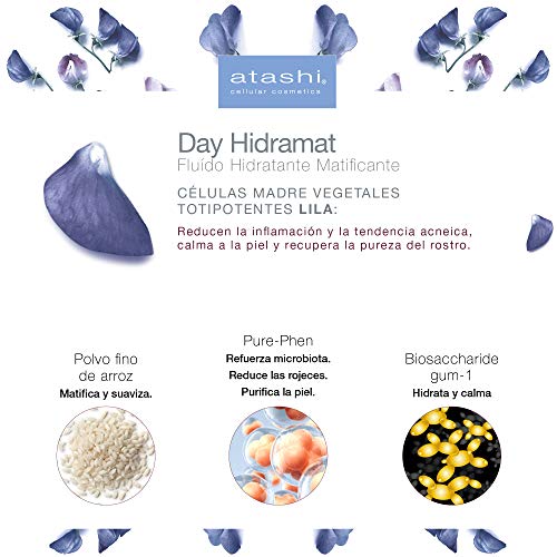 Atashi Fresh & Pure - Day Hidramat | Fluido Facial Hidratante Matificante | Reduce Las Imperfecciones Y Acné | Regula La Producción De Sebo | Pieles Mixtas A Grasas | Flor De Lila | 50 ml