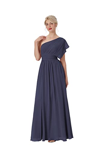 Atlxdres Un Hombro Imperio Cintura Maxi Vestidos de Dama de Honor con Volantes Manga Plisado Alinear Gasa Vestidos de Fiesta para Mujer Tormentoso