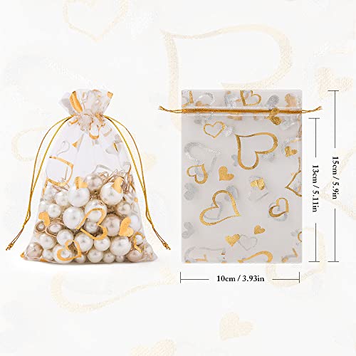 Aucuu 105 Bolsas de Regalo de organza, 10 x 15 cm Bolsas de Organza para Joyas con Corazones de Amor, Bolsas con Cordón para Joyas, Bolsas de Recuerdos para Fiestas de Bodas (Blanco + Dorado)