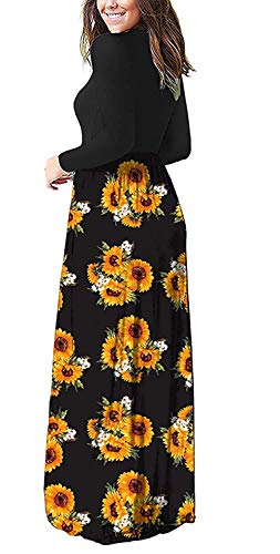 AUSELILY Mujer Vestidos Largos de Manga Larga Sueltos Lisos de Talla Grande Vestidos Largos Casuales con Bolsillos(Girasoles,XL)