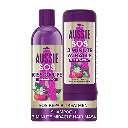 Aussie Champú y juego de 3 minutos milagrosos: reparación del cabello SOS Kiss of Life con champú vegano y máscara milagrosa de 3 minutos, tratamiento del cabello para cabello seco dañado