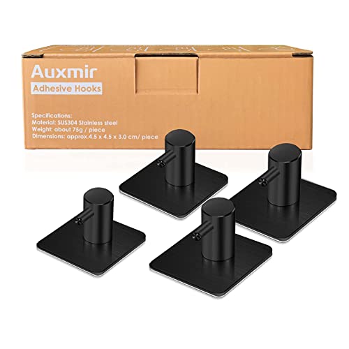 Auxmir 4 Piezas Ganchos Adhesivos de Pared para Toallas de Baño y Cocina, Acero Inoxidable 304 Adhesivo 3M Negro