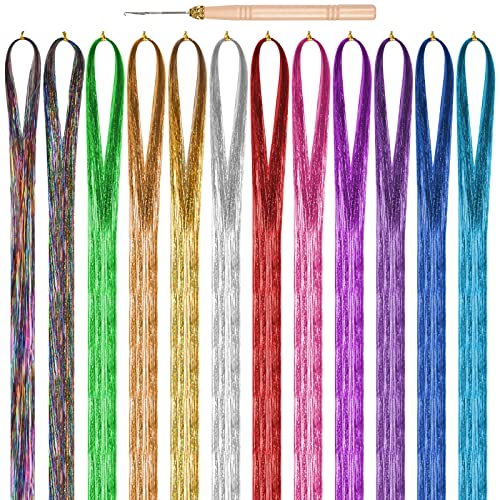 AvoDovA Extensiones de Cabello Coloreadas, 12 Colores Hair Tinsel Extensión, Largo postizo, Pelo Diy Decoración, Extensiones de Pelo Sintético, Kit de Extensión de Pelo, Hebras Pelo de Oropel