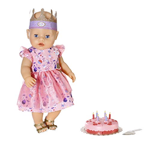 BABY born Deluxe Happy Birthday - Conjunto 43 cm, Para Niños A Partir de 3 Años, Fácil de Usar para Manos Pequeñas, Incluye Conjunto de Cumpleaños, Vestido, Zapatos, Corona y Tarta