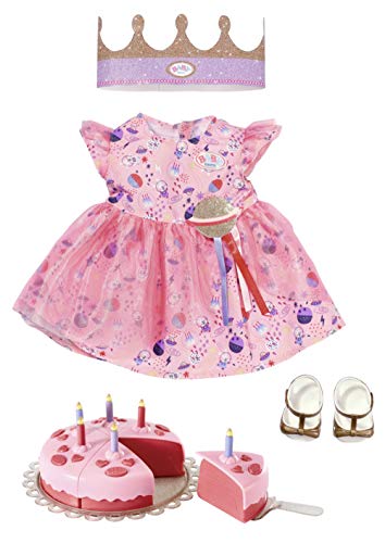 BABY born Deluxe Happy Birthday - Conjunto 43 cm, Para Niños A Partir de 3 Años, Fácil de Usar para Manos Pequeñas, Incluye Conjunto de Cumpleaños, Vestido, Zapatos, Corona y Tarta