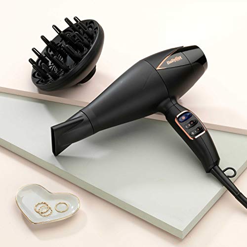 BaByliss Secador Salon Brilliance D665E - Secador de pelo profesional iónico, Motor Digital, 2200W, 2 Velocidades / 3 Temperaturas, Aire Frío, Difusor grande, Boquilla estrecha, Secado Rápido