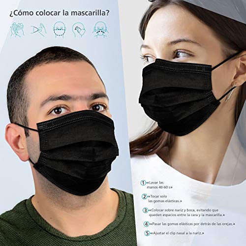 BAENA SALUD 50 Mascarillas Quirúrgicas, desechables, Tipo IIR, en color negro, filtración (BFE) 98%, hechas en España