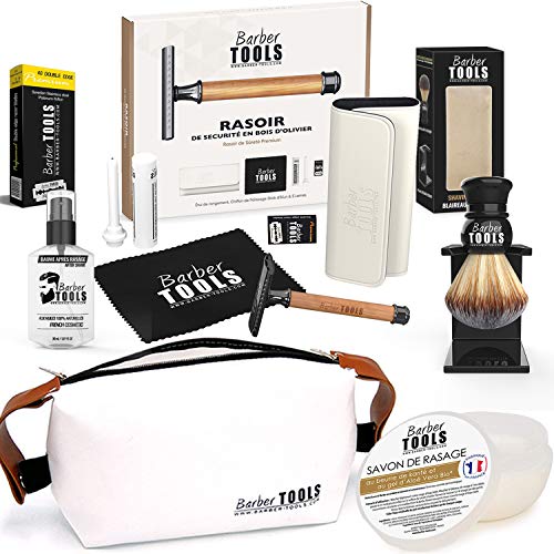 ✮ BARBER TOOLS ✮ Kit de afeitado - Maquinilla de afeitar de seguridad + 40 cuchillas dobles + Tejón de afeitar + Jabón de afeitar + Bálsamo para después del afeitado + Piedra de alumbre + Bolsa