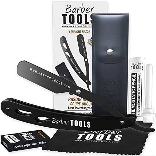 ✮ BARBER TOOLS ✮ Kit de afeitado - Navaja de afeitar + 40 cuchillas de doble hoja + Peine guía para afeitar + Gel afeitado transparente + Bálsamo para después del afeitado + piedra de alumbre + Bolsa