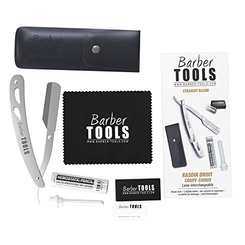 BARBER TOOLS - Navaja de afeitar tradicional, recta (cuchilla intercambiable, caja de 5 hojas dobles + barra de alumbre + paño de pulido + funda de almacenamiento)