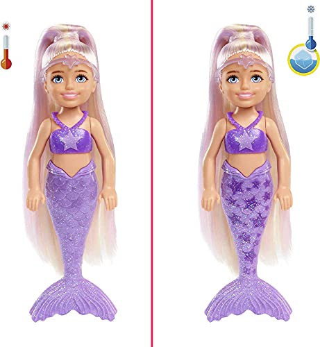 Barbie Muñeca Chelsea Color Reveal - Serie Sirenas Arcoíris - 6 Sorpresas - Cambia de Color - Incluye Accesorios - Regalo para Niños de 3+ Años