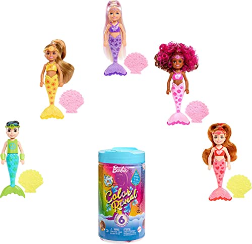 Barbie Muñeca Chelsea Color Reveal - Serie Sirenas Arcoíris - 6 Sorpresas - Cambia de Color - Incluye Accesorios - Regalo para Niños de 3+ Años