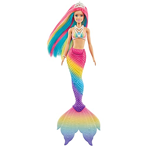 Barbie Muñeca Sirena - Función de Cambio de Color con Agua - Look Fantasía - Pelo Arcoíris y Tiara - Cola Multicolor - Regalo para Niños de 3-7 Años