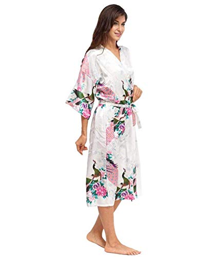 Bata De Bata Kimono Robe Pavo Albornoz Real Flor Y Noche Calentamiento Mode De Marca Pura Estilo Camisón Camisón (Color : Blanco, Size : M)
