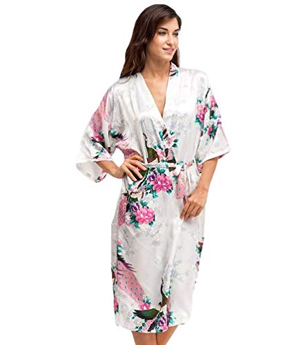 Bata De Bata Kimono Robe Pavo Albornoz Real Flor Y Noche Calentamiento Mode De Marca Pura Estilo Camisón Camisón (Color : Blanco, Size : M)