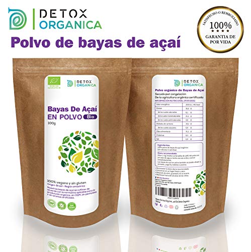 Bayas De Acai En Polvo Orgánico 100 g – Bayas Acai Congelado BIO (Freeze – Dried/Liofilizadas) – Acai Berry Extracto Crudo De La Pulpa – Acai Organico Cultivado en Brasil De Detox Organica