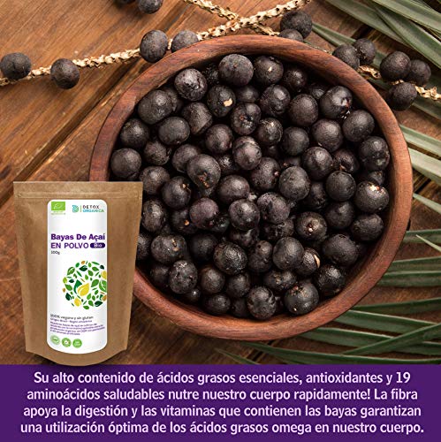 Bayas De Acai En Polvo Orgánico 100 g – Bayas Acai Congelado BIO (Freeze – Dried/Liofilizadas) – Acai Berry Extracto Crudo De La Pulpa – Acai Organico Cultivado en Brasil De Detox Organica