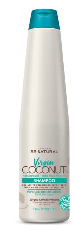 Be Natural, Línea Virgin Coconut Champú con Aceite de Coco virgen orgánico 350ml. Hidrata y regenera tu cabello. Deja el pelo suave, manejable y brillante. Cruelty free.