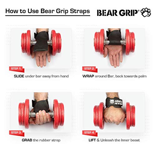 Bear Grip - Guantes para levantamiento de pesas, con correas y ganchos extraadherentes, resistentes