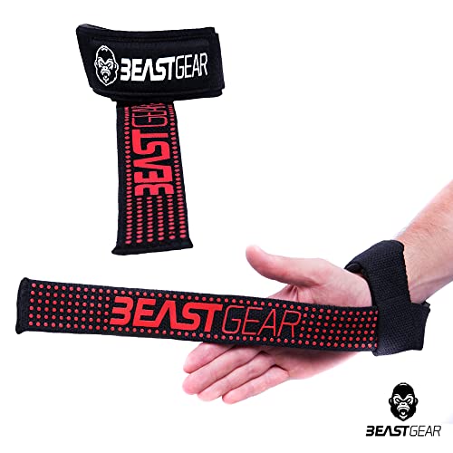 Beast Gear muñequeras gimnasio correas antideslizantes para gym o straps para fitness y ejercicio de levantamiento de pesas en gimnasio, en algodón y neopreno color negro y rojo