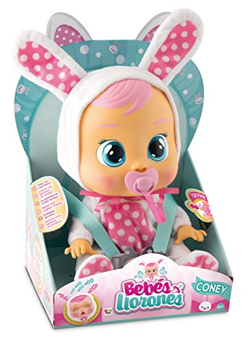 BEBÉS LLORONES Coney el conejito | Muñeca interactiva que llora de verdad con chupete y Pijama de conejito blanco - Juguete y Regalo para niñas y niños +18 Meses