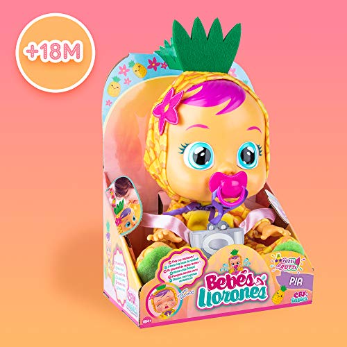 BEBÉS LLORONES Tutti Frutti Pia | Muñeca interactiva que llora de verdad con chupete y pijama con olor a Piña - Muñeco y Juguete para niñas y niños +18 Meses