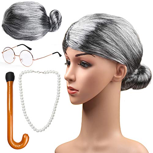 Beefunny Old Lady Costume Set Peluca de Abuela Peluca Gris Peluca de Abuela Gafas de Abuela Collar de Perlas Artificiales Accesorios de Disfraces (C)