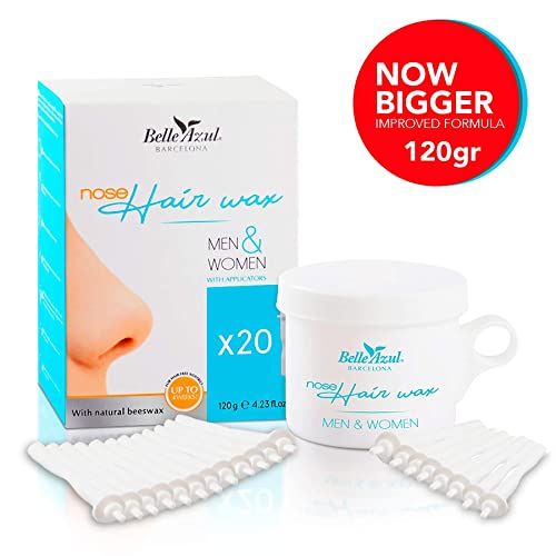 Belle Azul Nose Wax Kit - 120 g - Cera Depilatoria para el Vello de Nariz - Elimina el Vello de forma Rápida e Indolora - Cera de Abeja Ecológica - 20 Aplicadores - Hecho en España