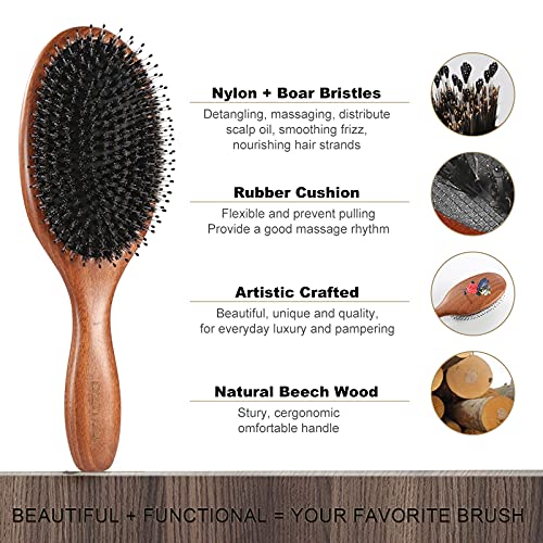 BESTOOL Cepillo de pelo con cerdas de jabalí con alfiler de nylon, uno de los mejores cepillos para el pelo para mujeres, hombres o niños, pelo largo grueso y rizado (negro)