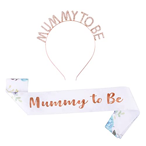 BETESSIN Banda Tiara Mummy To Be para Futura Mamá Banda Fajín Estampado Diadema Mummy To Be Oro Rosa Sash para Fiesta Baby Shower Celebración Bienvenida al Bebé