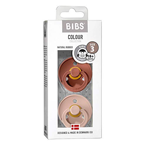 BIBS Colour Paquete de 2 chupetes. Libre de BPA, Tetina redonda. Látex natural, Talla 3 (18 + meses), Woodchuck / Blush