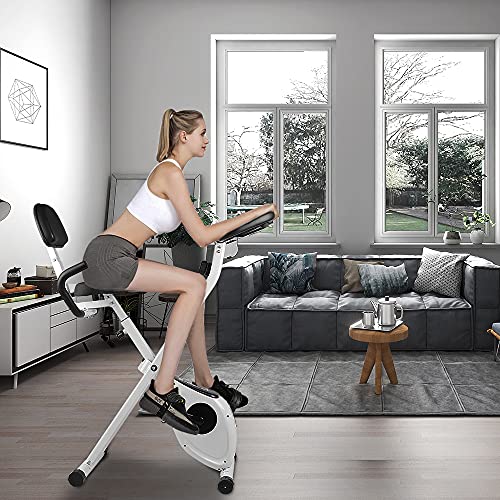 bigzzia Bicicleta estática, vertical y plegable con resistencia magnética/monitor LCD/sensores de pulso, ejercicio de fitness para gimnasio en casa