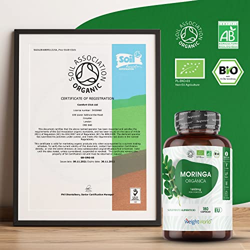 Bio Moringa Oleifera Orgánica Pura Alta Dosis 1650 mg 180 Cápsulas - Bio Moringa Oleifera Fuente de Vitaminas, Minerales y Antioxidantes, Moringa Cápsulas Pura Ecológica, Suministro para 2 Meses