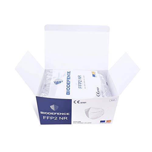 BIODEFENCE Mascarilla FFP2 Española Fabricada y Homologada en España Con Certificación CE 0161, Caja de 20 unidades embolsadas individualmente en bolsa de PE Blanco