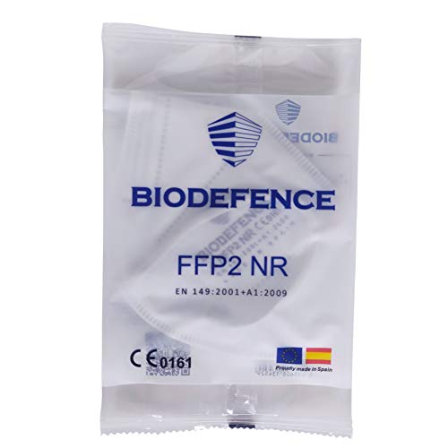 BIODEFENCE Mascarilla FFP2 Española Fabricada y Homologada en España Con Certificación CE 0161, Caja de 20 unidades embolsadas individualmente en bolsa de PE Blanco