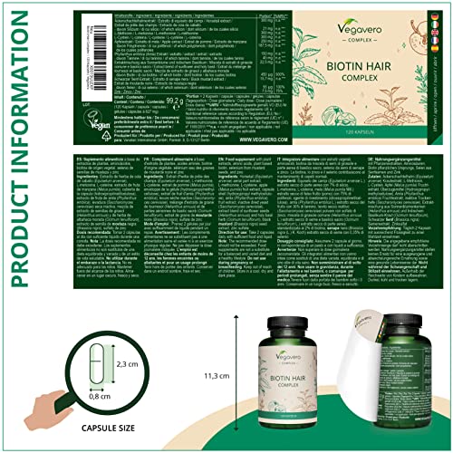 Biotina Complex Vegavero® | Zinc + Silicio Orgánico + Selenio + L Metionina | El ÚNICO Natural | Alopecia + Crece Pelo & Barba | Sin Aditivos | Con Amla & Cola de Caballo | Vegano | 120 Cápsulas