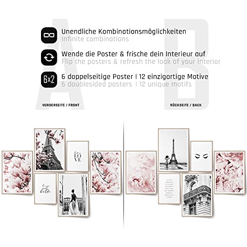 BLCKART Infinity Premium Rose Love - Juego de pósteres elegantes de doble cara, color rosa, imágenes para el salón, decoración de flores, imágenes de París (4 x A3, 2 x A4, sin marco, Rose Love)