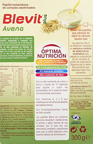 Blevit Plus Avena - Papilla de Cereales para Bebé Sin Azúcares Añadidos - Con Avena y el Trigo para favorecer el tránsito intestinal - Desde los 6 meses - 300g