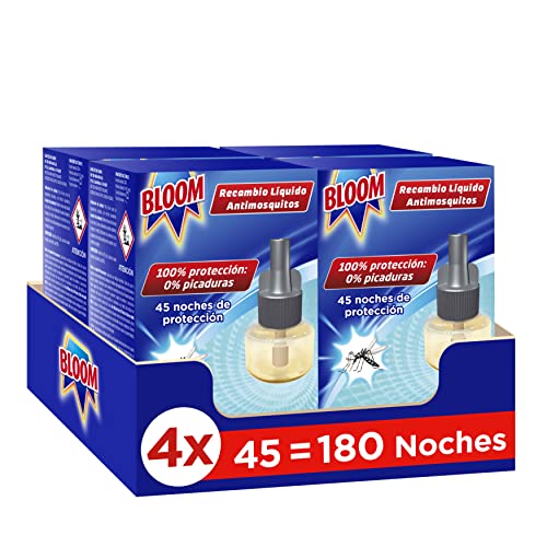 Bloom Eléctrico Líquido Recambio (pack de 4 recambios), insecticida eléctrico para mosquitos común y tigre, antimosquitos eléctrico con fórmula concentrada sin perfume