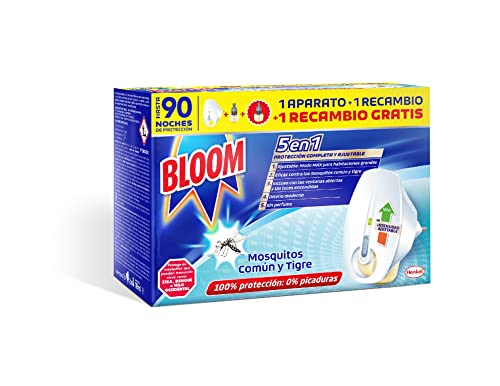 Bloom Insecticida Eléctrico Líquido Doble Eficacia (1 aparato + 2 recambios), insecticida eléctrico para mosquitos común y tigre, fórmula concentrada sin perfume