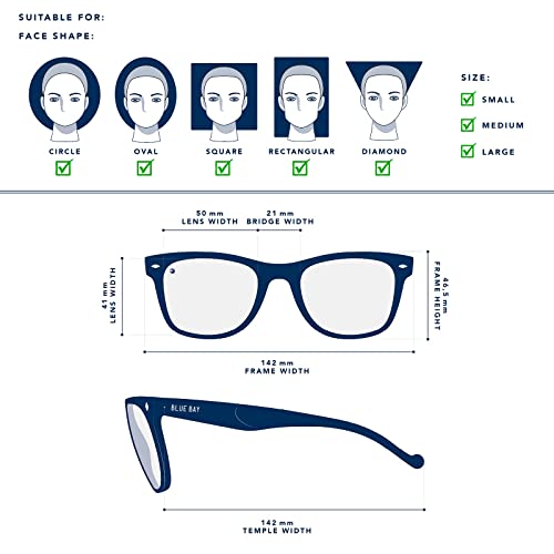BLUE BAY CHITRA, Gafas de Sol Polarizadas para Hombre y Mujer, 100% Protección UV, Gafas de Sol Sostenibles de Material Reciclado, Ligeras y Flexibles, Montura Negra y Cristales Azules, 26 gramos